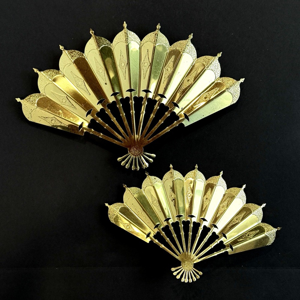 Vintage Mid Century Modern MCM Fan Home Interior Metal Wall Asian Art Decor Gold
